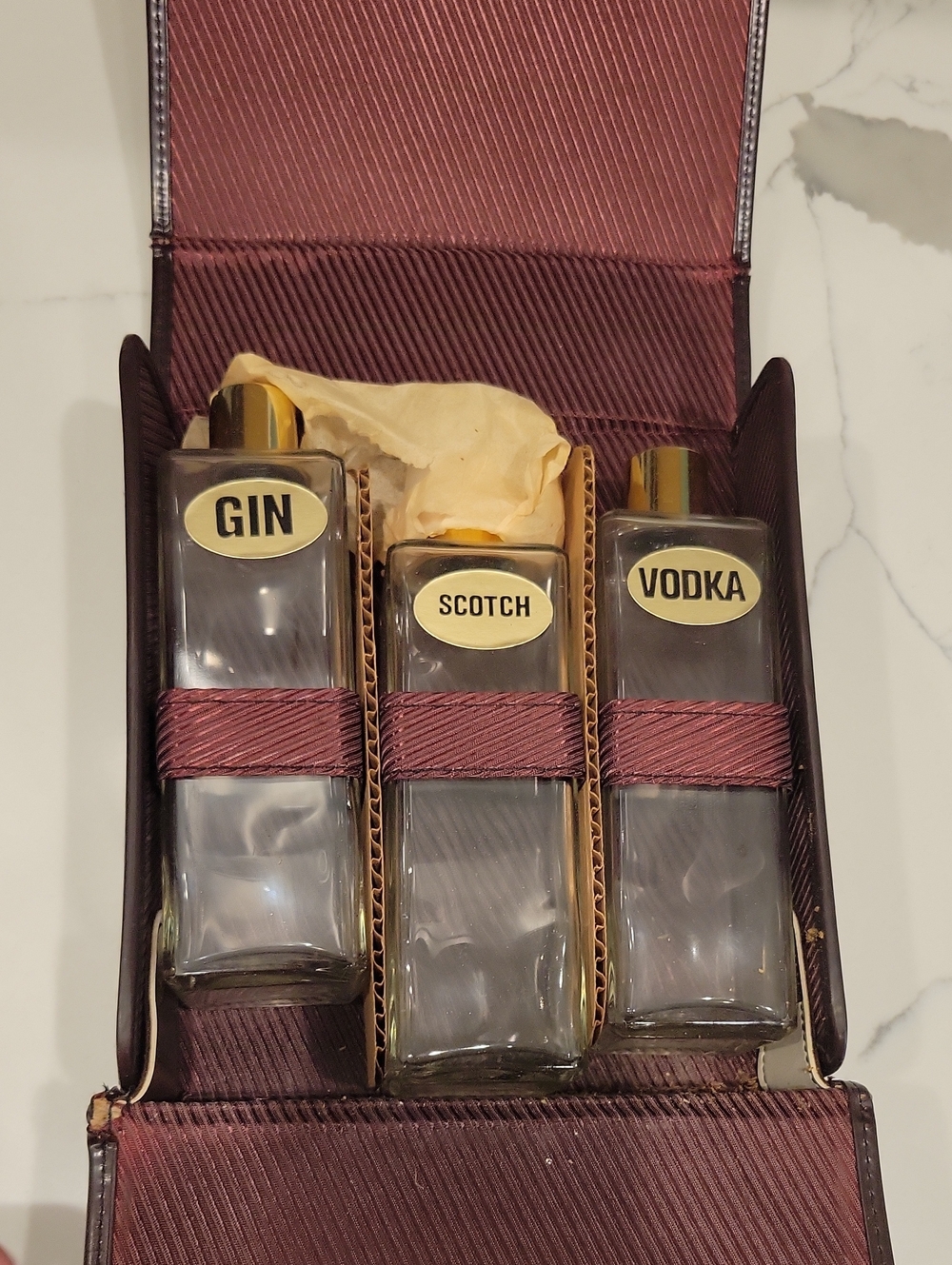 Vintage Labeled Liquor Flask Set - Gin, Scotch, Vodka Perfect Condition